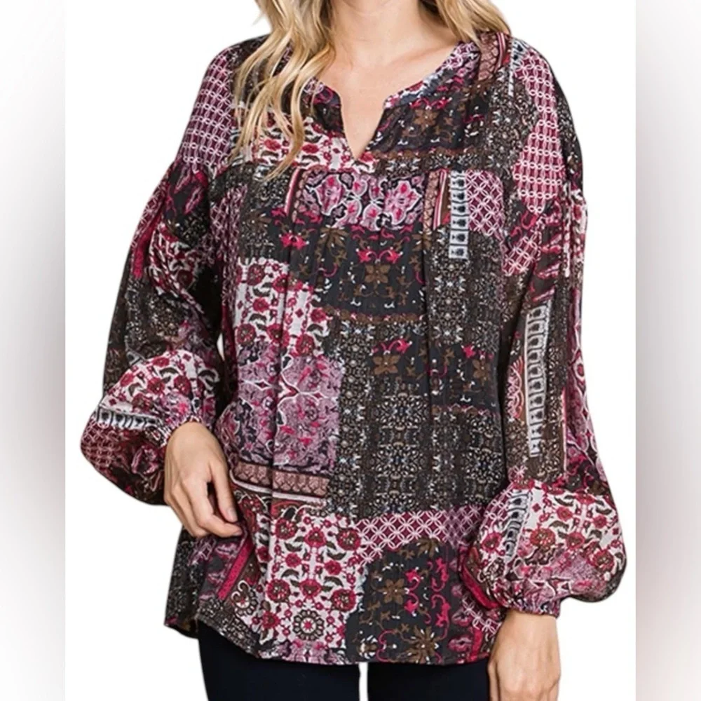 Cotton Bleu Patchwork Boho Blouse - Picture 1 of 5
